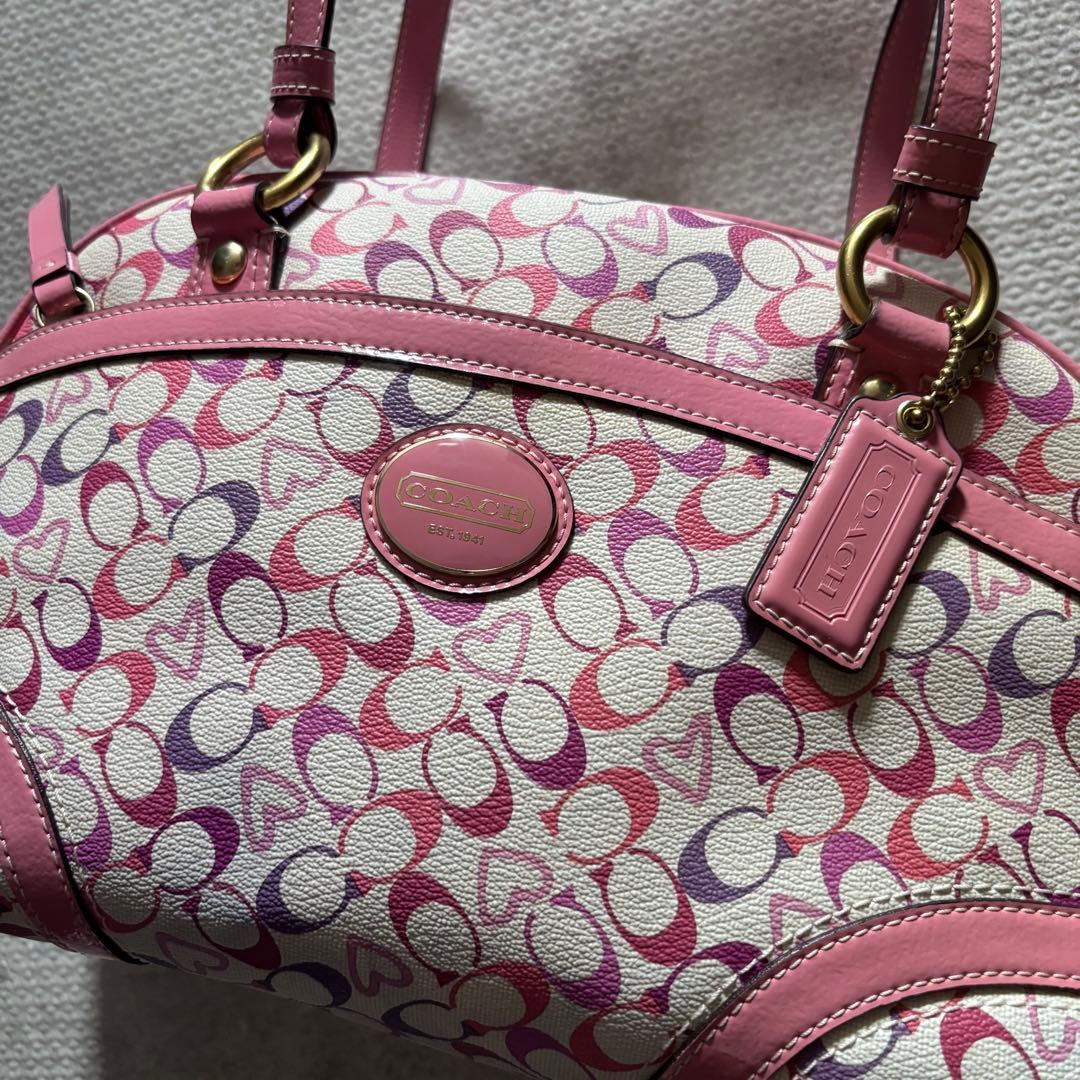 美品　COACH　コーチ　シグネチャー　Y2K ミニボストン　ピンク　ハート