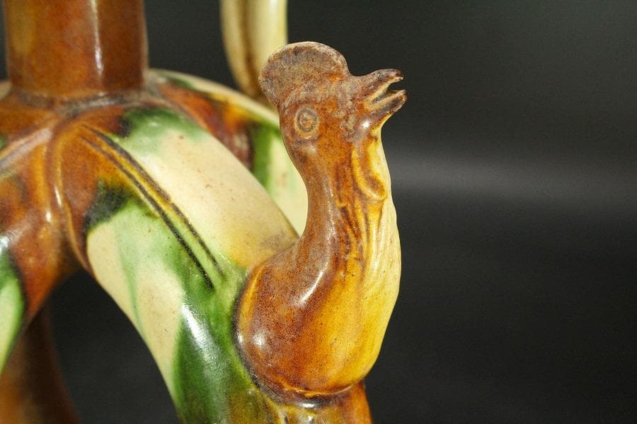 中国美術 唐三彩 双龍耳 鶏頭 瓶 高30cm 希少(LC242)
