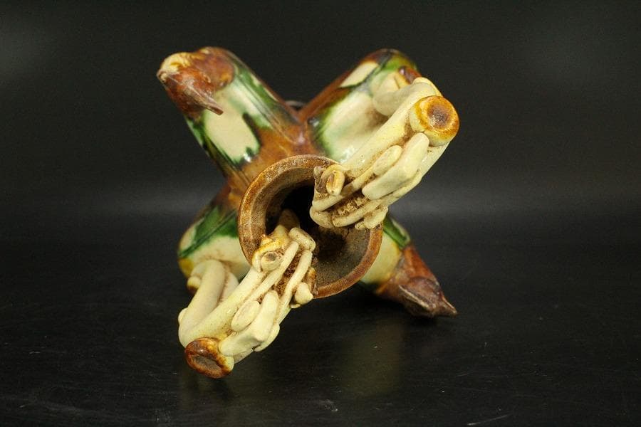 中国美術 唐三彩 双龍耳 鶏頭 瓶 高30cm 希少(LC242)