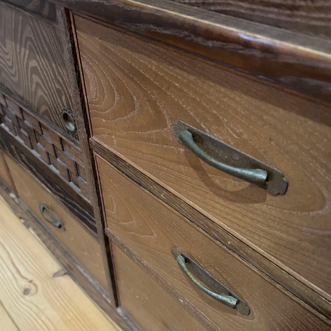 茶箪笥　桑材　木製ガラス扉付き和風収納棚　高さ120cm 食器棚