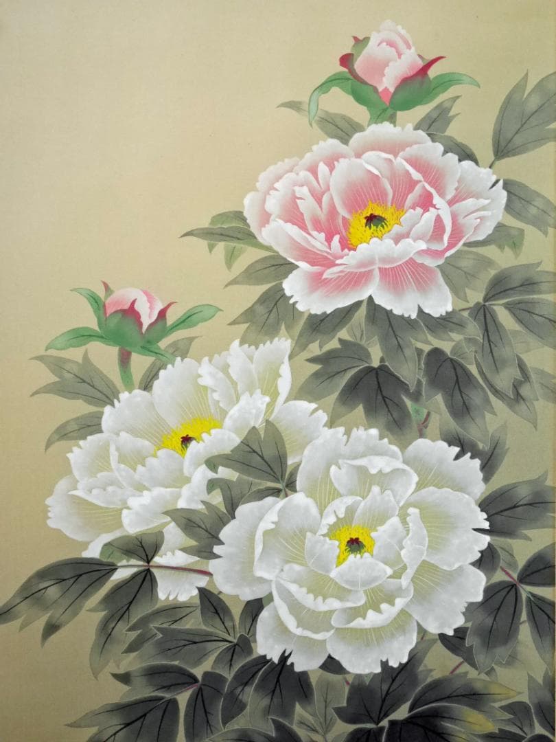 牡丹之図　日本画家　中村松雲（真作保証付）◆絹本肉筆　共箱付　日本画　花鳥　掛軸