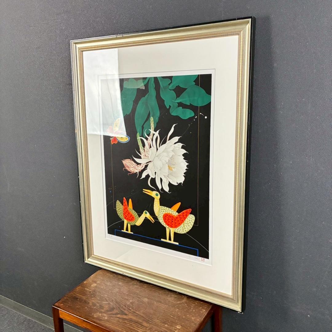 中島千波「月下の夜」リトグラフ 直筆サイン・落款有 額縁入り 日本画家