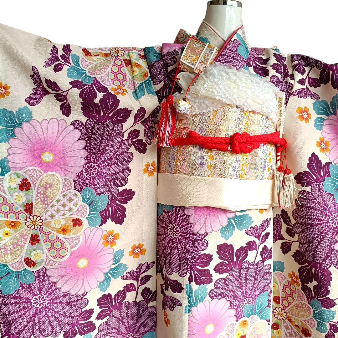 新品クリーム色に大きな花模様の着物と作り帯フルセット☆七五三
