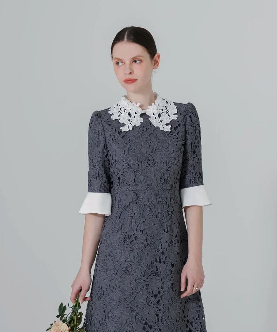 花柄レースカラースパンコールAラインワンピースドレス