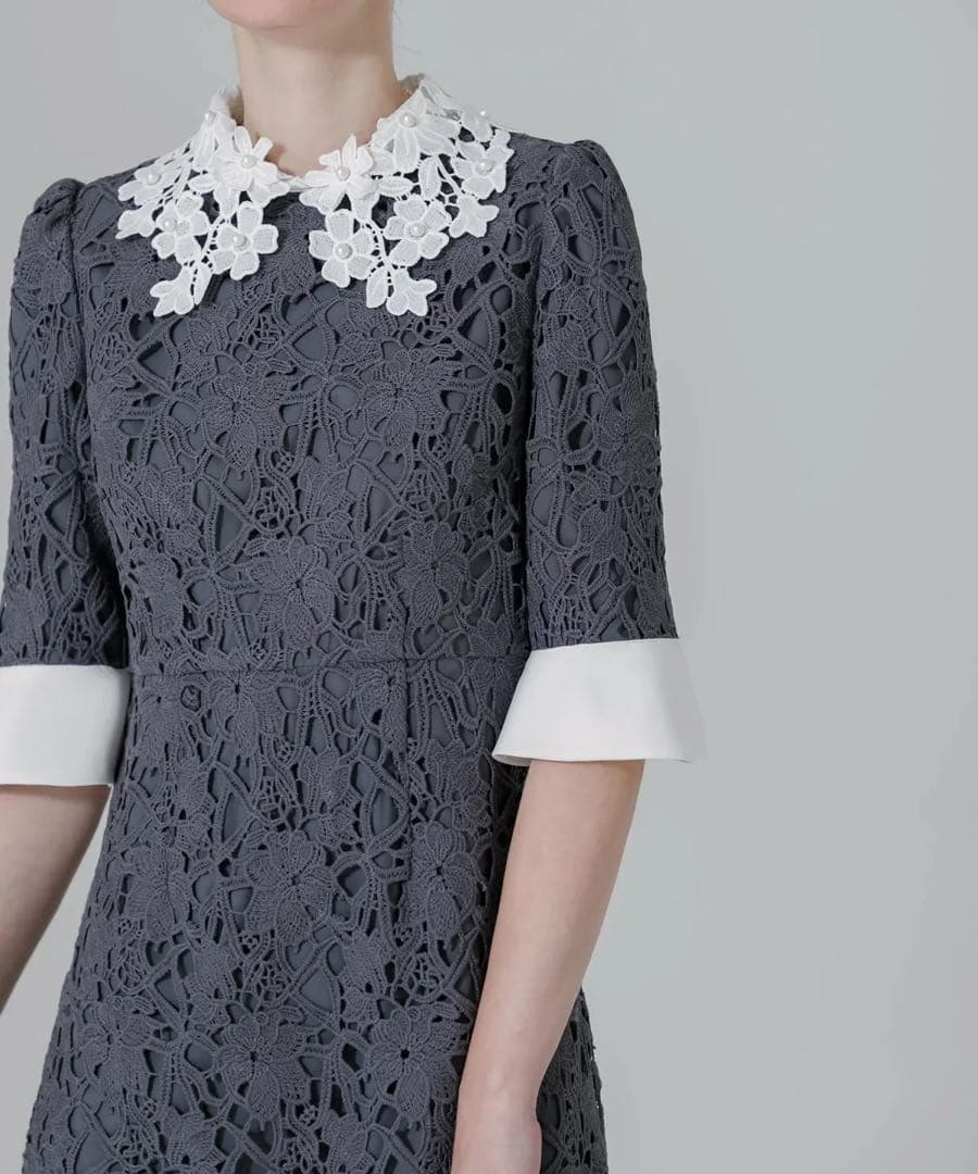 花柄レースカラースパンコールAラインワンピースドレス