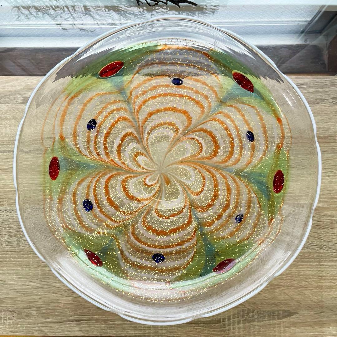 骨董　作家作品　象嵌　彩色　金彩釉　輪花　大皿　特大プレート　上野良樹