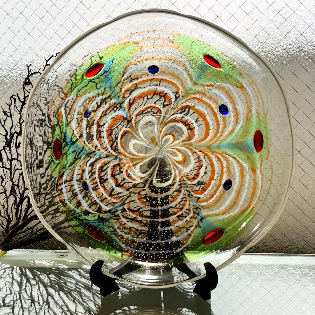 骨董　作家作品　象嵌　彩色　金彩釉　輪花　大皿　特大プレート　上野良樹