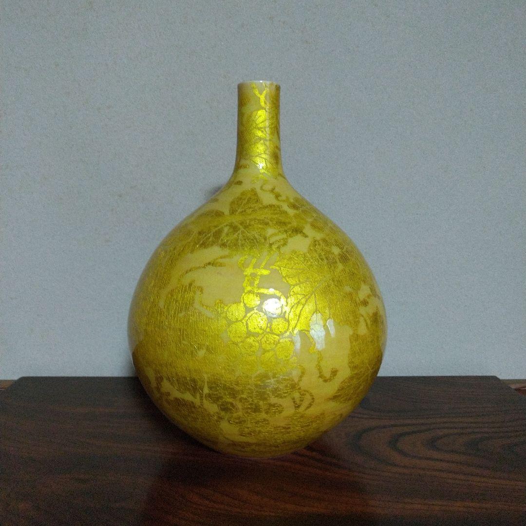 小野珀子　高さ約32cm　美術館級　釉裏金彩花壷 (葡萄図絵柄大花瓶)　桐共箱