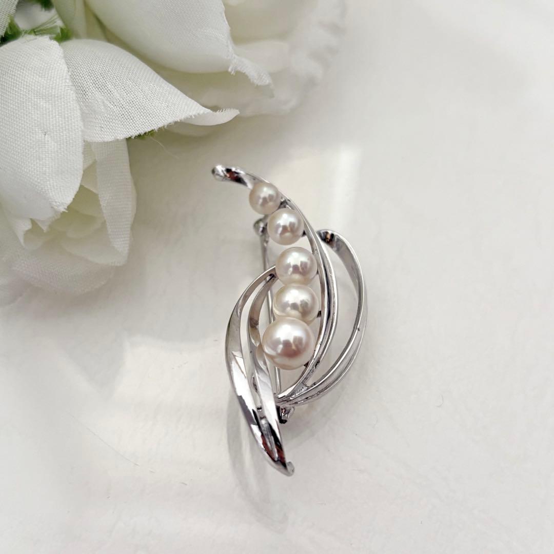 414【ミキモト】シルバー　パール　ブローチ