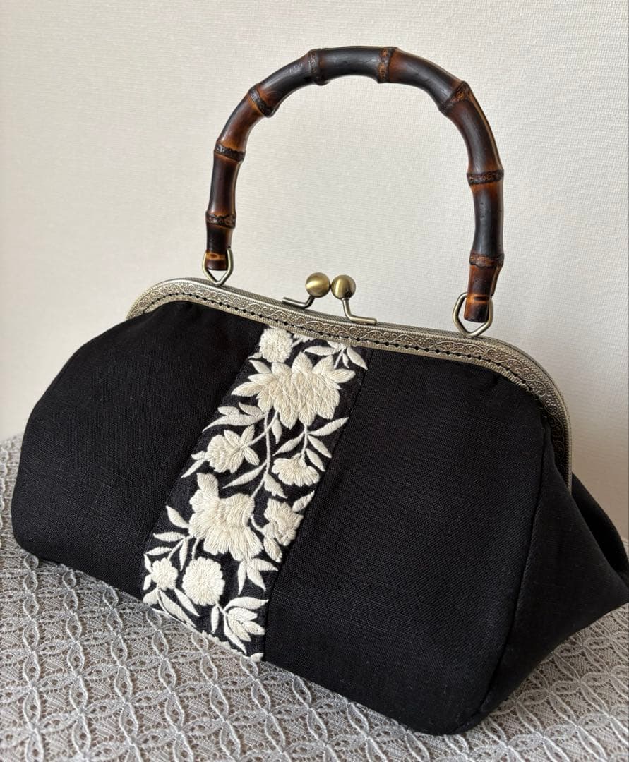 ❤️着物お出かけバンブーbag 気品溢れる大人Black 豪華刺繍上質リネン仕様