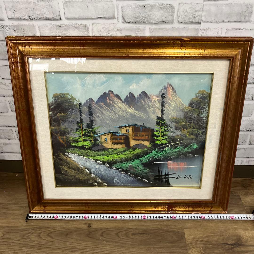 イタリア製 油絵 DE VITIS 風景画 山小屋 額縁入り DE VITIS