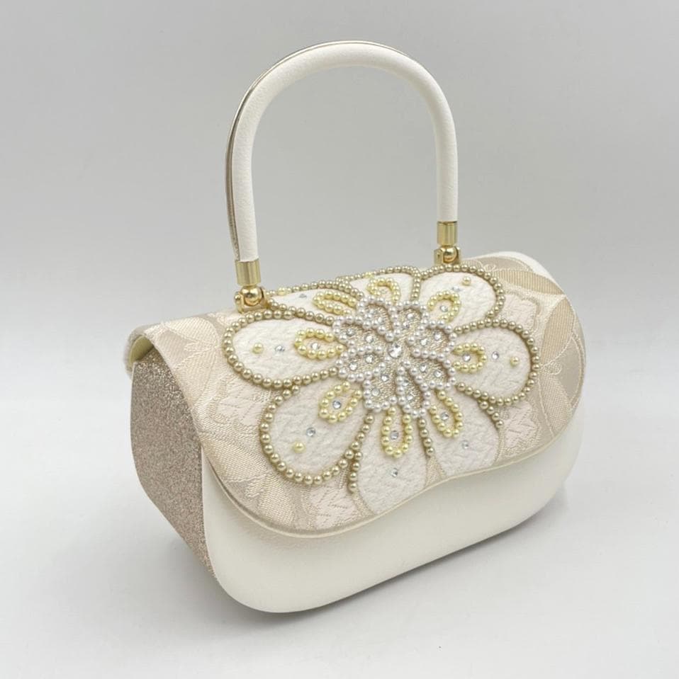 豪華ビーズパール刺繍 西陣帯地　振袖バッグ草履セット 　アイボリー