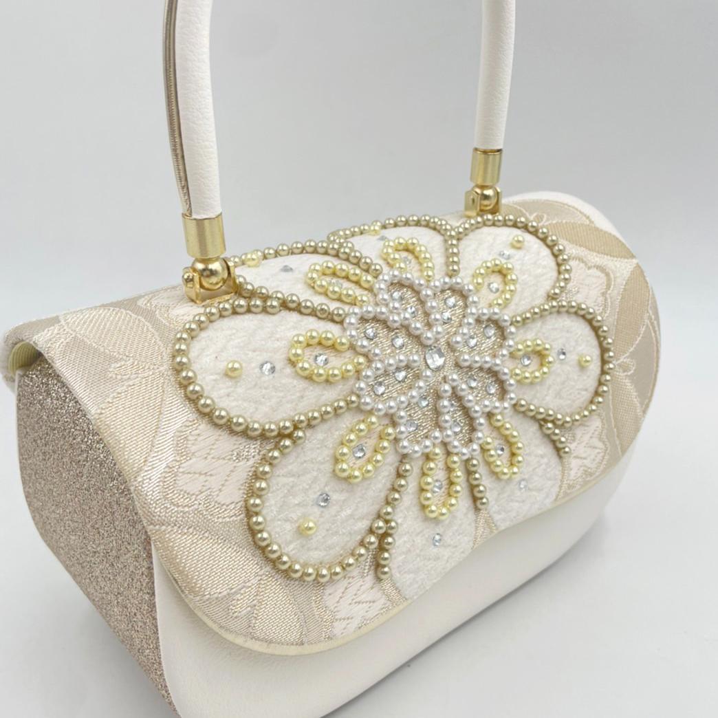 豪華ビーズパール刺繍 西陣帯地　振袖バッグ草履セット 　アイボリー