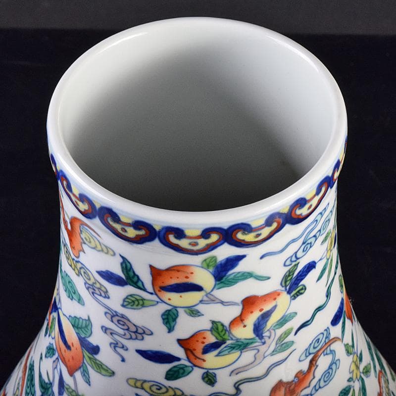 中国　大清雍正年製款　色絵　桃蝙蝠図　花生　時代箱付　M　R7657B