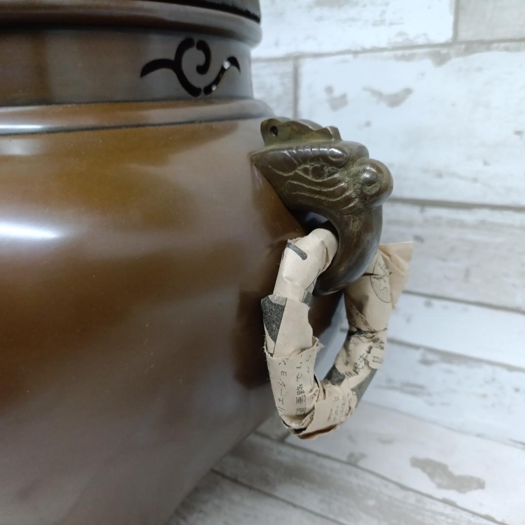 K113 茶道具 釜師 畠春斎 造 唐銅 鬼面風炉釜 茶釜 共箱 蓋物 三足