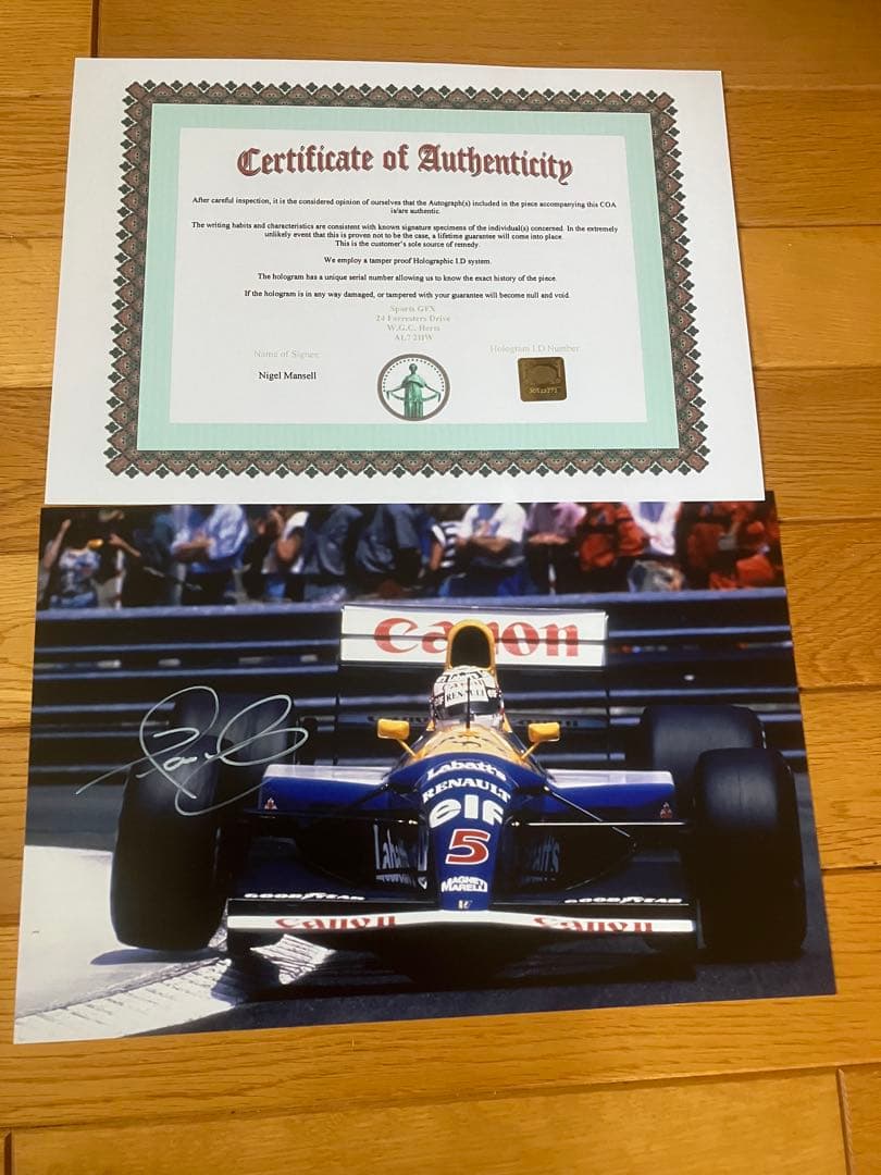 ナイジェル　マンセル　ウィリアムズ　ルノー　直筆サイン　証明書付き　モナコGP