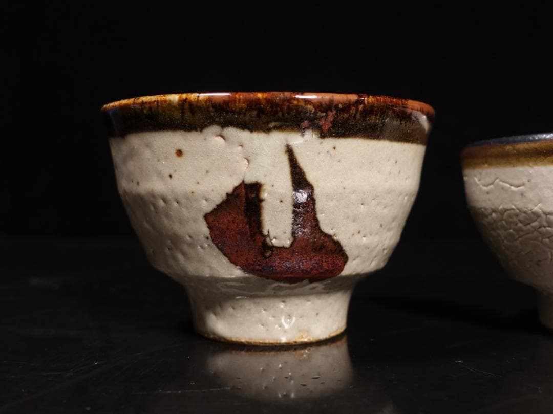 人間国宝 濱田庄司の次男 濱田晋作 鉄絵茶碗 貴重な3客組 共箱