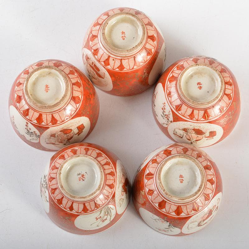 煎茶道具　九谷焼　赤絵金彩　人物花文　煎茶碗　五客　碗筒付　M　R7118