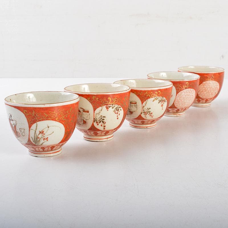 煎茶道具　九谷焼　赤絵金彩　人物花文　煎茶碗　五客　碗筒付　M　R7118