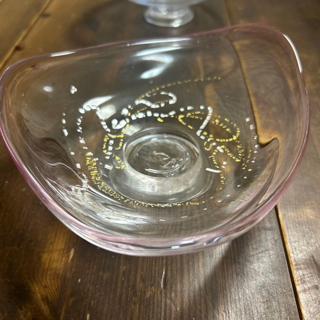 作家　ガラス作家　脚付皿　金彩銀彩　吹きガラス　刻印あり　作家物