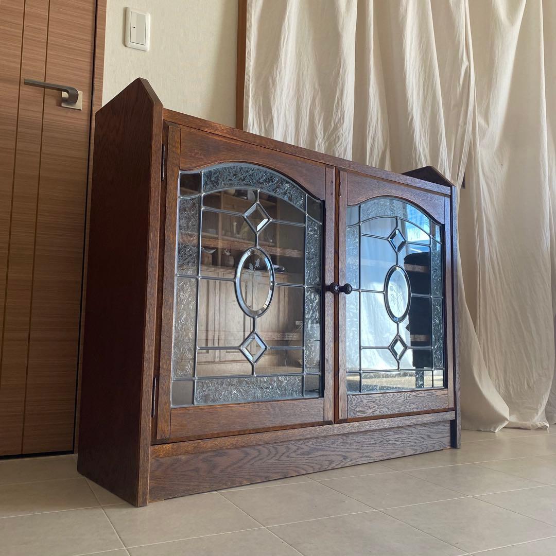 三越ブルージュ　キャビネット　三越家具　ステンドガラス　カントリー　英国　飾り棚