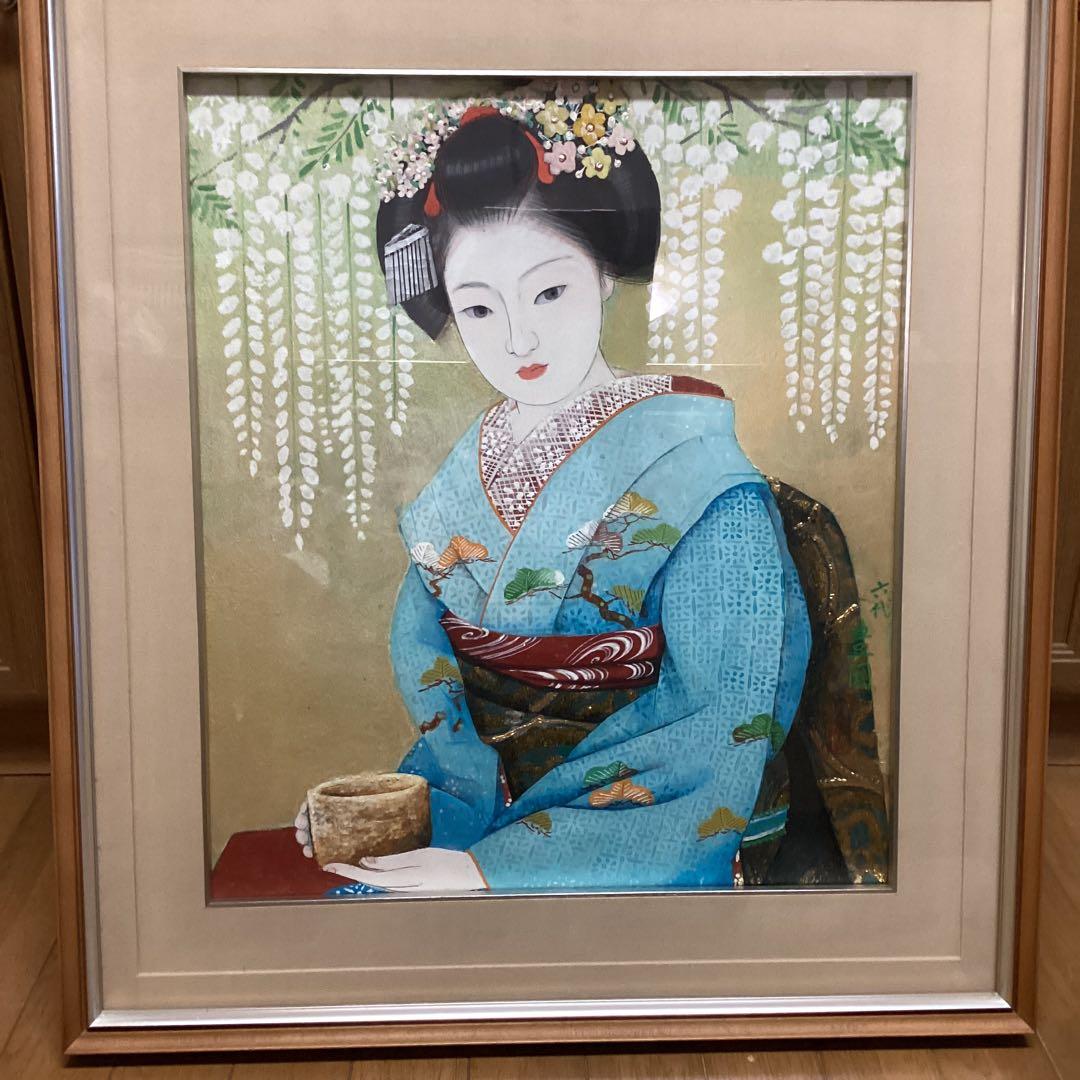 六代目歌川豊国作　　日本画板画　【　舞妓　野点茶図　】　木枠額装　手描き