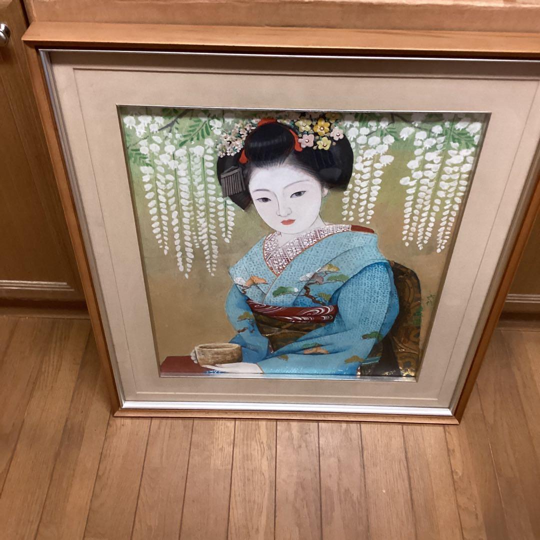 六代目歌川豊国作　　日本画板画　【　舞妓　野点茶図　】　木枠額装　手描き