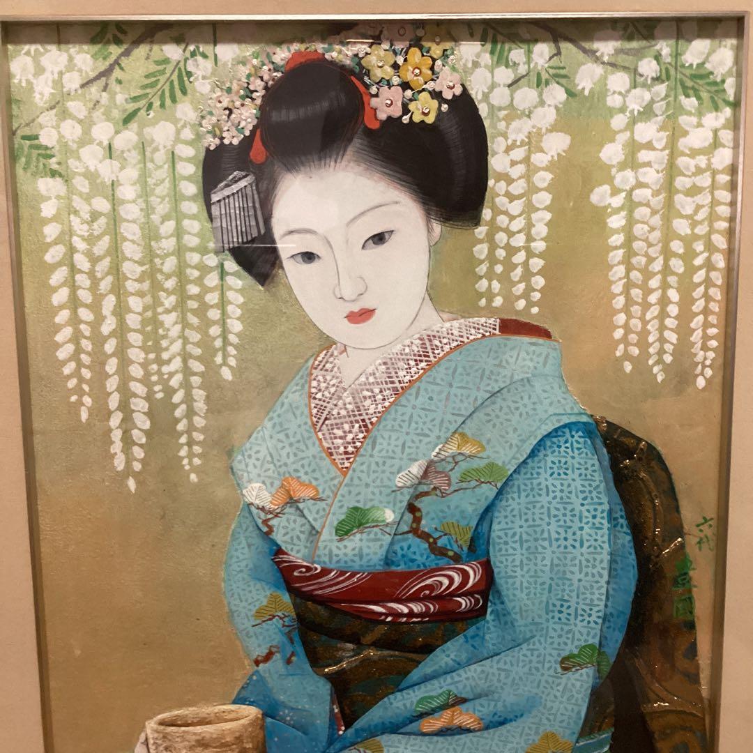 六代目歌川豊国作　　日本画板画　【　舞妓　野点茶図　】　木枠額装　手描き