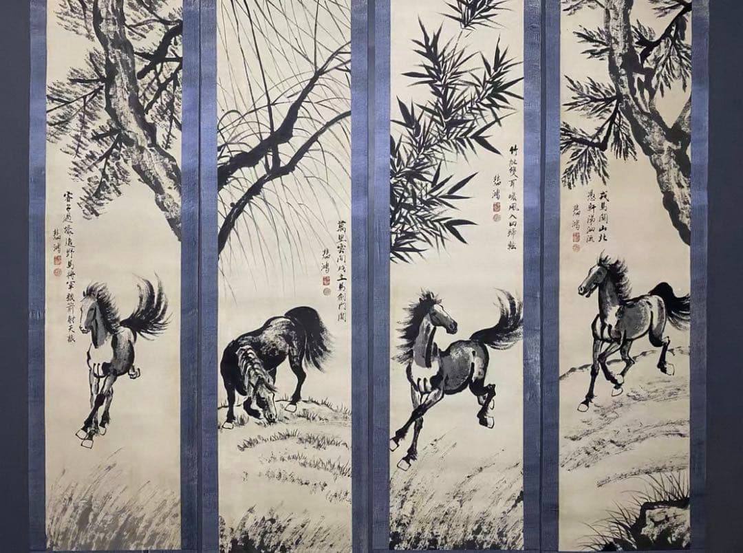 【旧蔵逸品・純手描き】徐悲鴻款 四条屏 中堂画「駿馬図」宣紙手描き