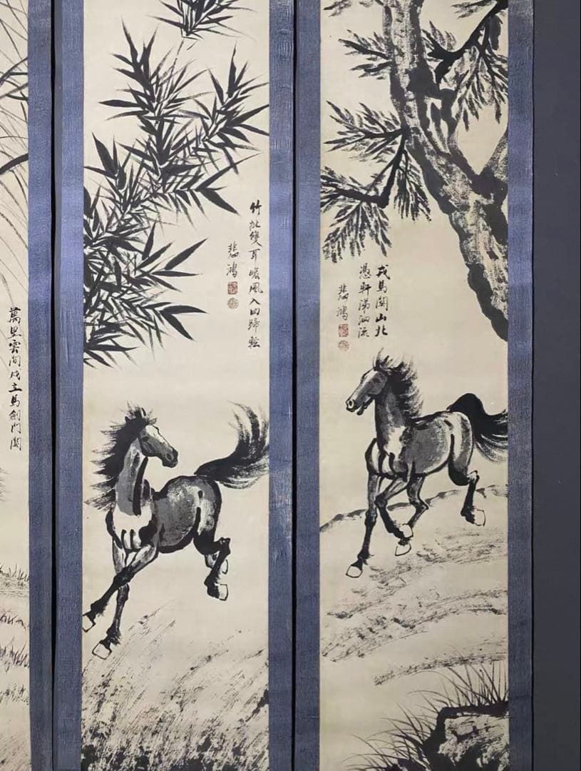 【旧蔵逸品・純手描き】徐悲鴻款 四条屏 中堂画「駿馬図」宣紙手描き