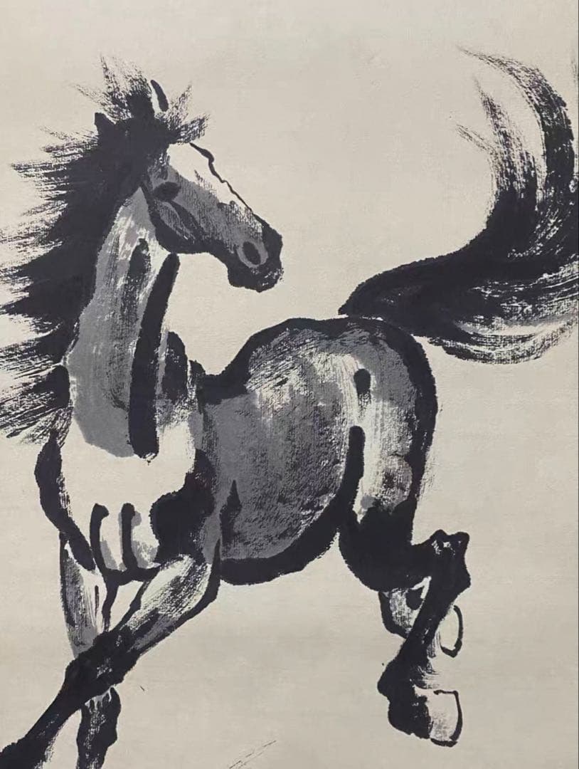 【旧蔵逸品・純手描き】徐悲鴻款 四条屏 中堂画「駿馬図」宣紙手描き