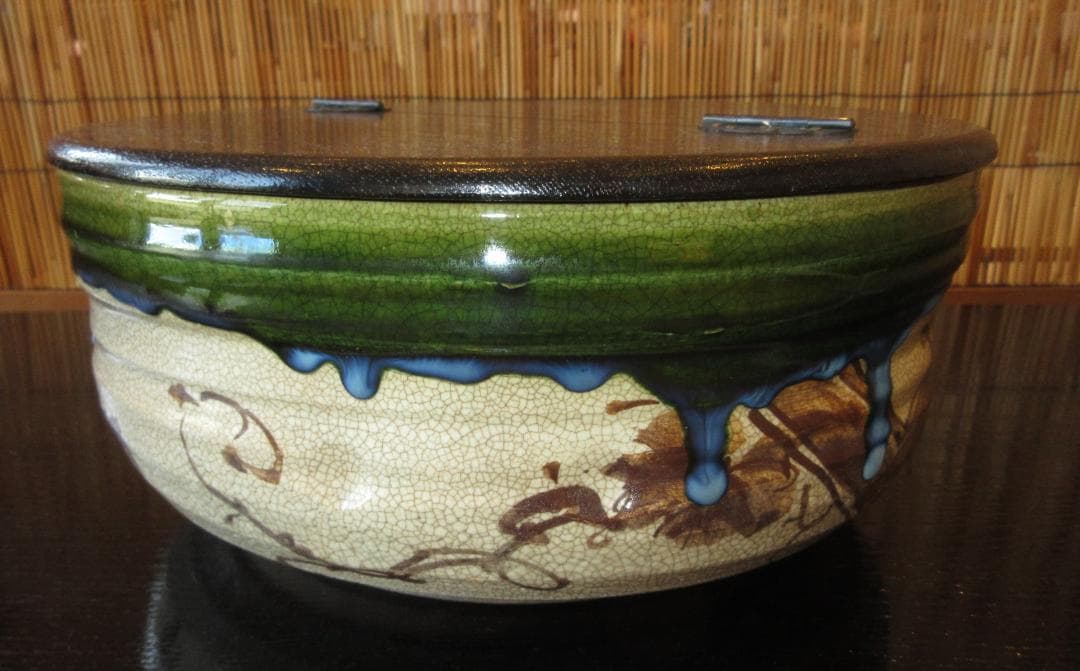 送料込【逢絢亭】茶道具 平水指 美濃焼 織部 掻合の割蓋 加藤六くべ