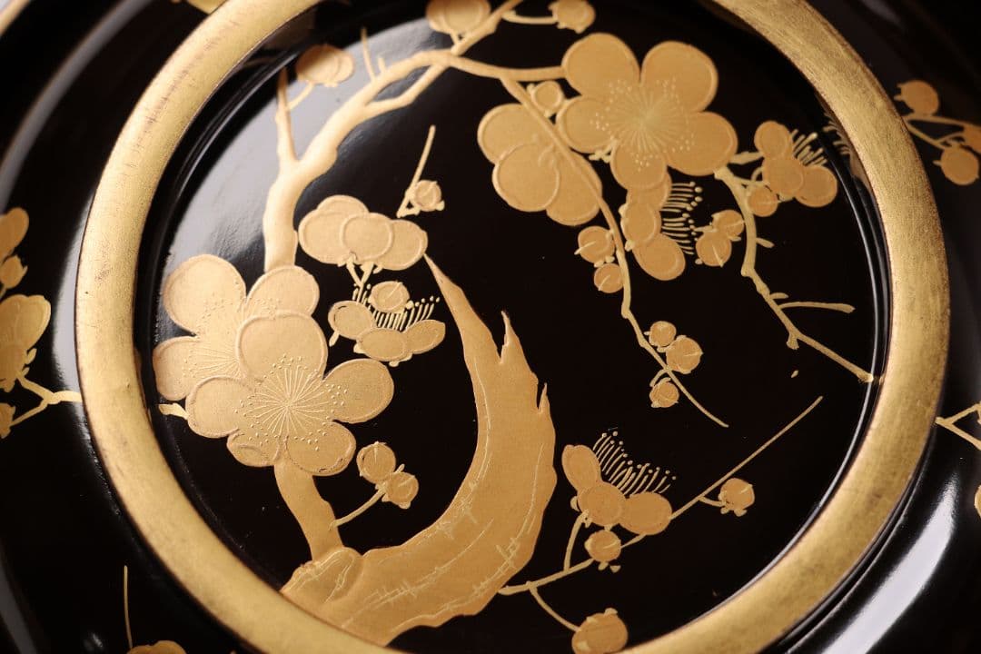 CG79 時代輪島塗 梅金蒔絵 金縁 黒塗椀 五客 木製漆器 / 懐石煮物吸物