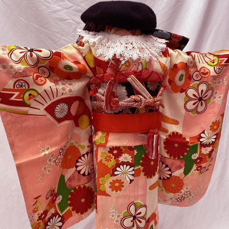 504ag45◎七五三 七歳 女児 アンティーク 総柄 扇梅菊 着物&丸帯◎