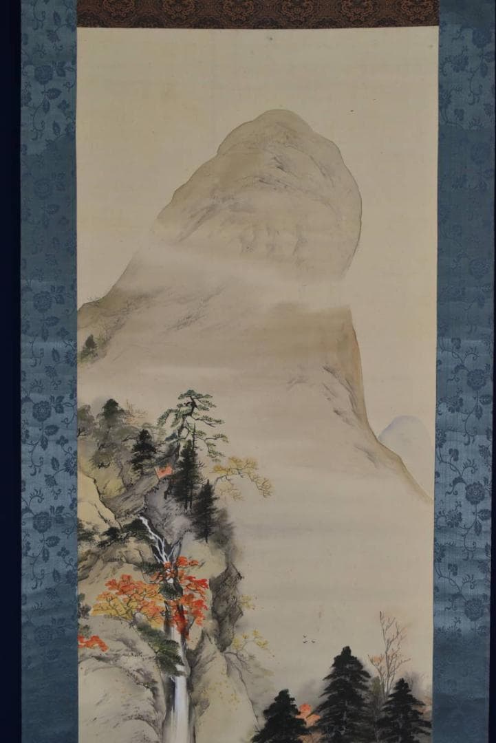 【真作】竹嶺/秋景山水図/掛軸☆宝船☆AA-971