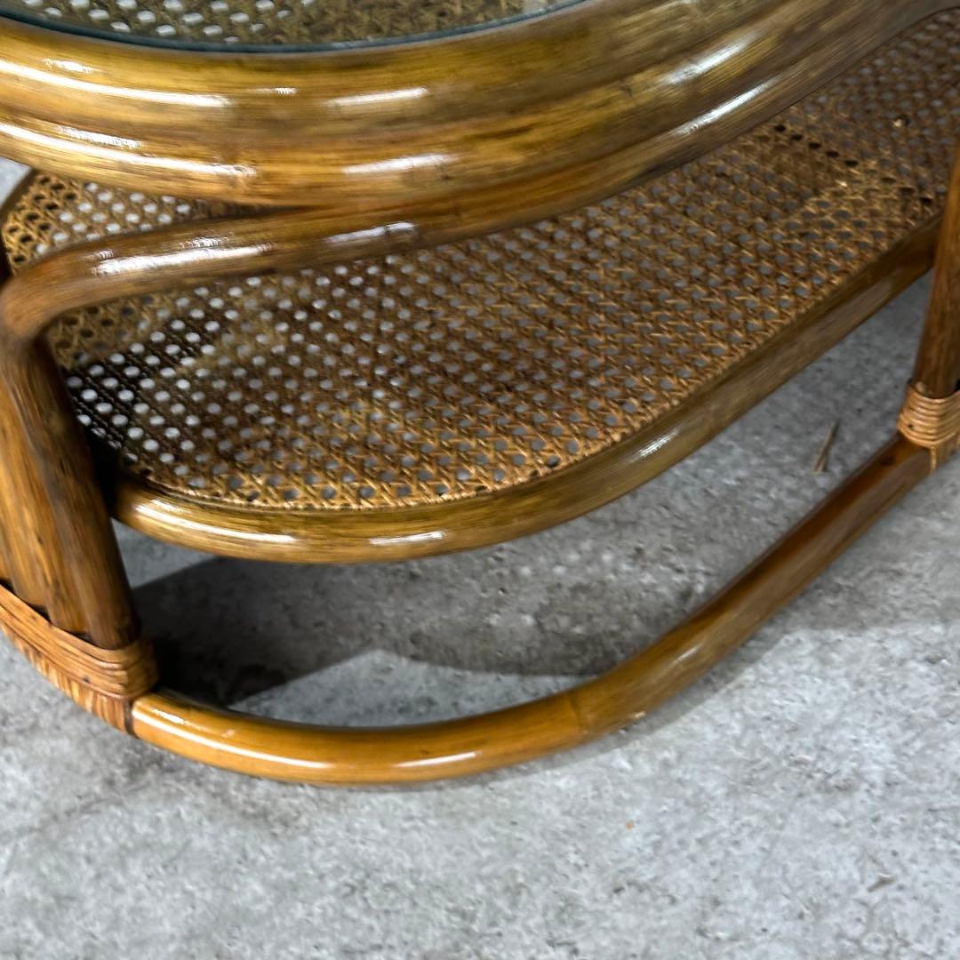 ✿昭和レトロ✿ 藤　オールドラタン　ガラストップテーブル　棚付き