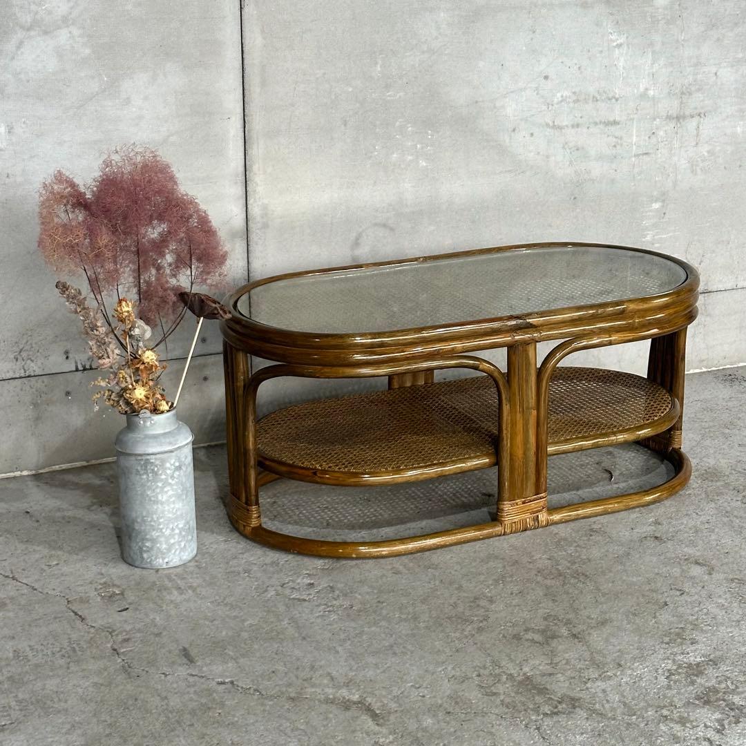 ✿昭和レトロ✿ 藤　オールドラタン　ガラストップテーブル　棚付き