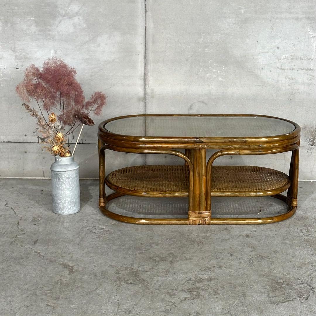 ✿昭和レトロ✿ 藤　オールドラタン　ガラストップテーブル　棚付き