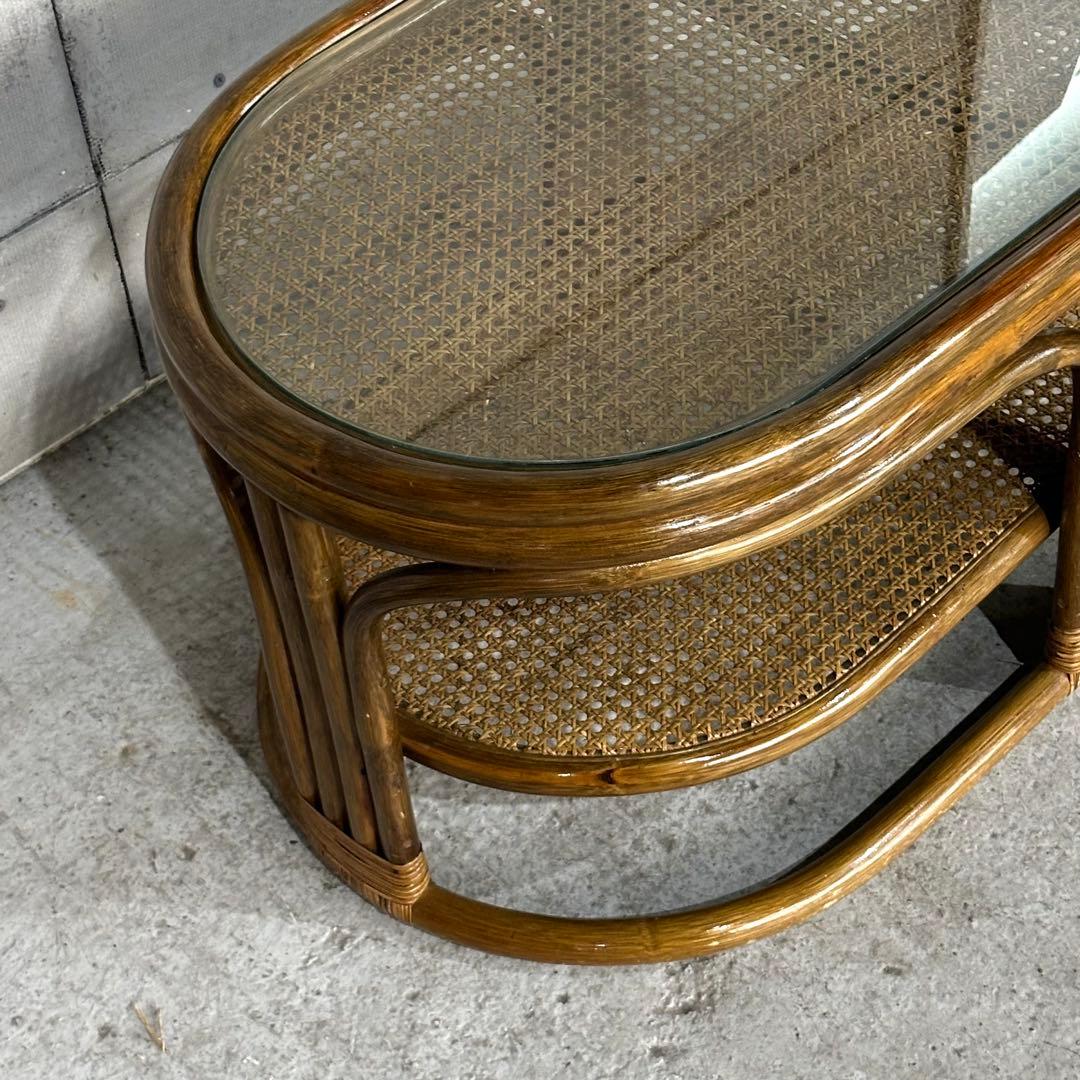 ✿昭和レトロ✿ 藤　オールドラタン　ガラストップテーブル　棚付き