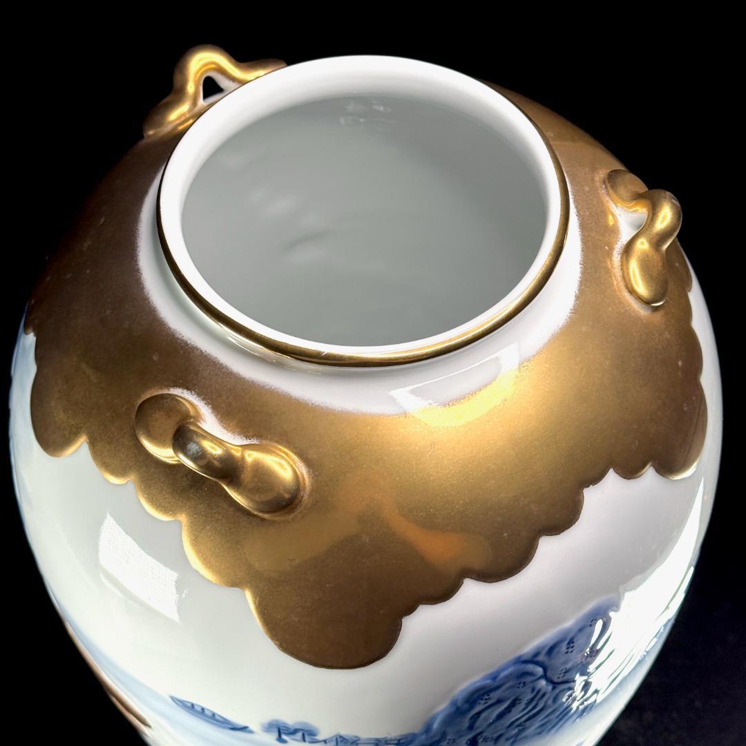 有田焼 緒方松右衛門 金彩染付楼閣山水瀑布文特大壺 高さ46cm