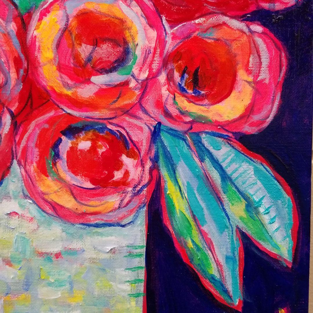 キャンバス油絵　くまちゃん　まるまるとした大きいお花