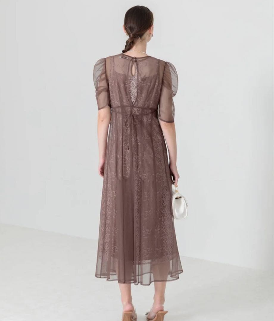 【LEJA】花柄総レースパフスリーブウエストリボン ドレス パーティ ワンピース