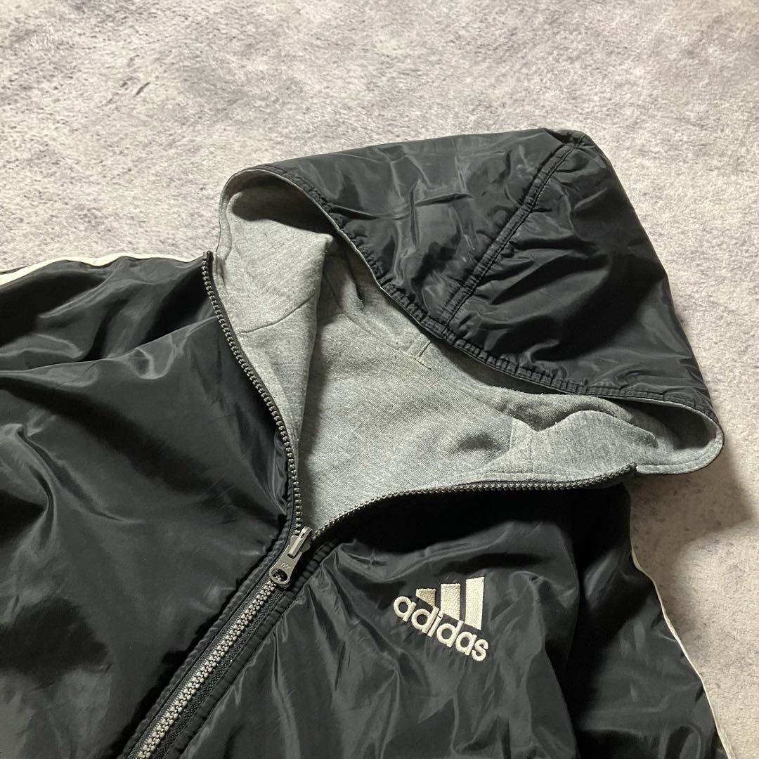 00sadidasリバーシブル刺繍ナイロンスウェットパーカーパフォーマンスロゴ黒