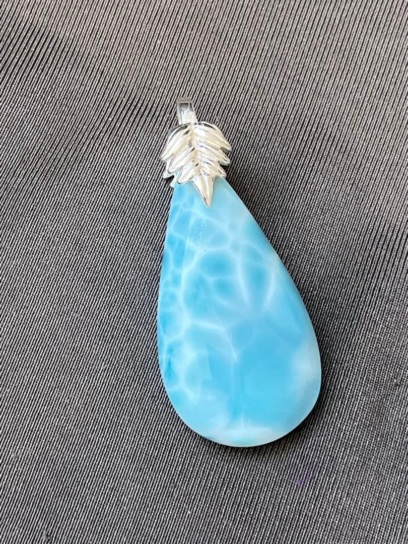 天然石ラリマー☆高品質！しずく型ペンダントトップ②☆リーフ型バチカンがステキ！