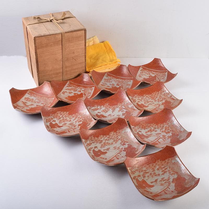 masa　古九谷赤絵銀彩　人物文皿　二種　十客　時代箱付　F　R9004B