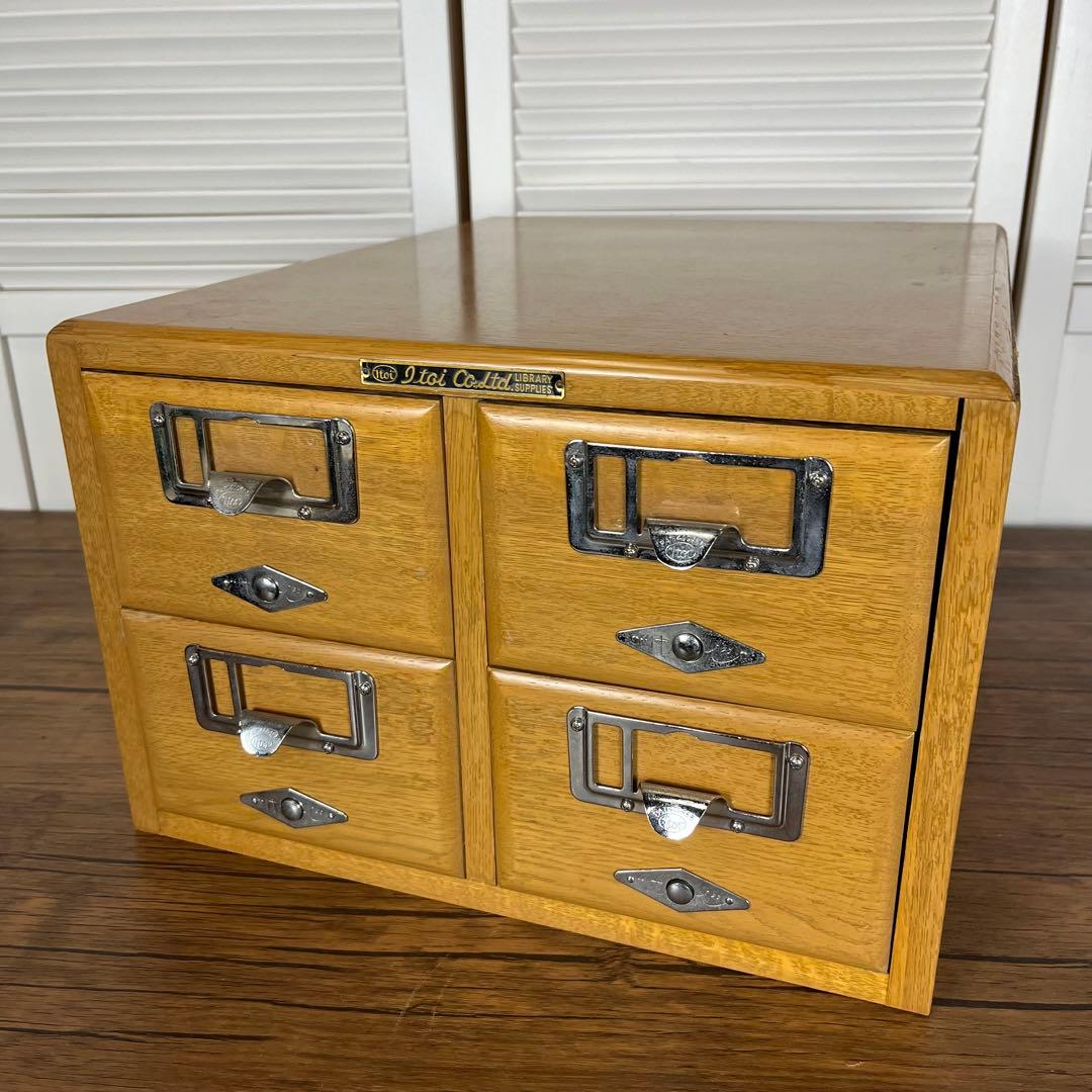 【希少】ヴィンテージ　図書館　カード棚　木製引き出し　ドロワー 4段