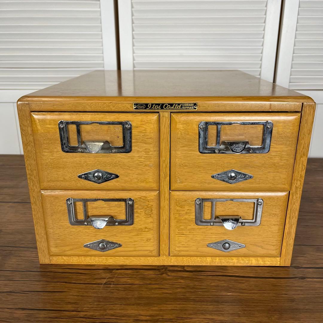 【希少】ヴィンテージ　図書館　カード棚　木製引き出し　ドロワー 4段
