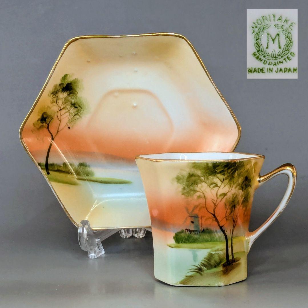 オールドノリタケ 金彩湖畔風景図　六角形ヘキサゴン　キャビネットカップ＆ソーサー