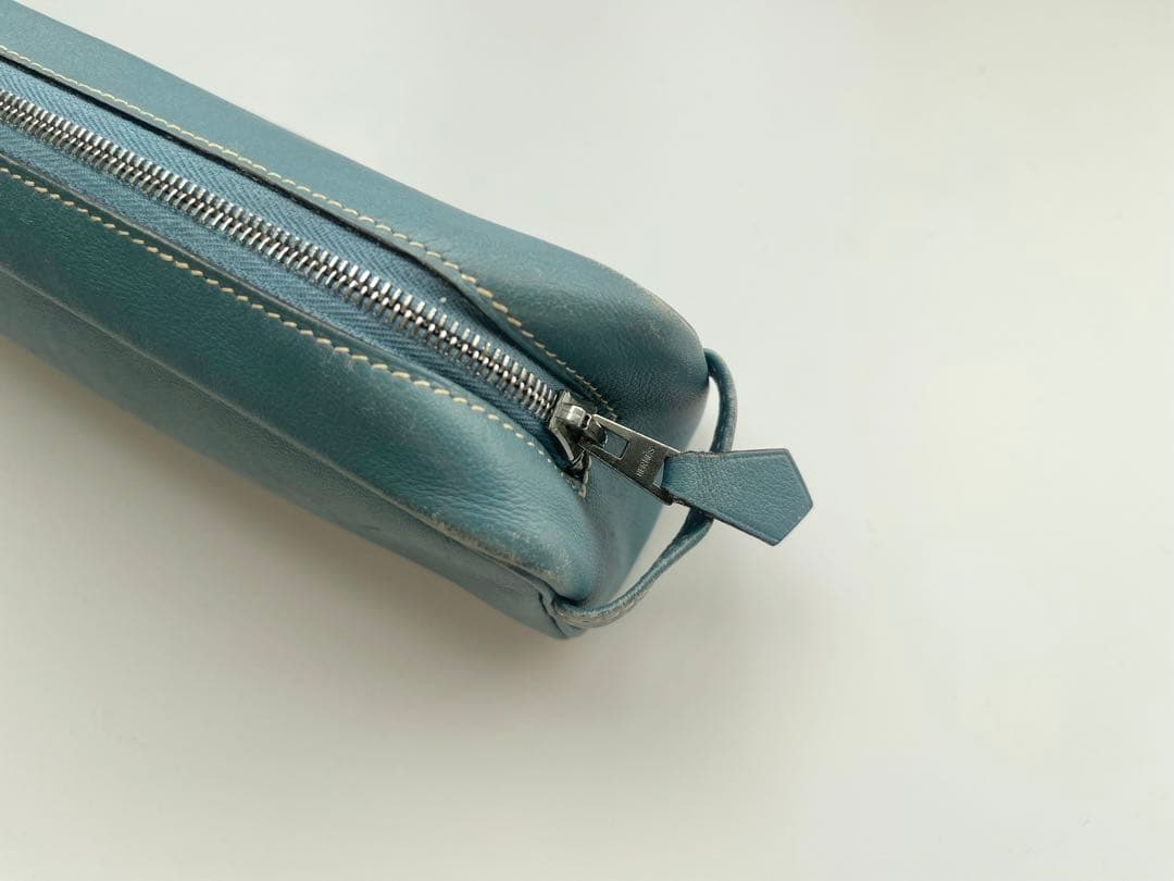 HERMES エルメス レザー ペンケース ポーチ ブルー系 シルバー金具