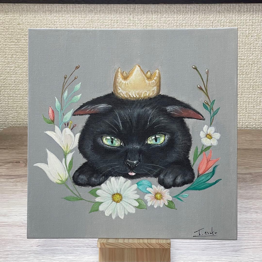 黒猫　愛猫の誕生日　アクリル画　開運絵画